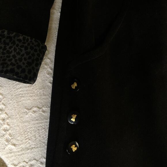 VTG 80s Alorna Forstmann Black Wool Peacoat Medium Cheetah Print Trim Mob Wife - Picture 4 of 12